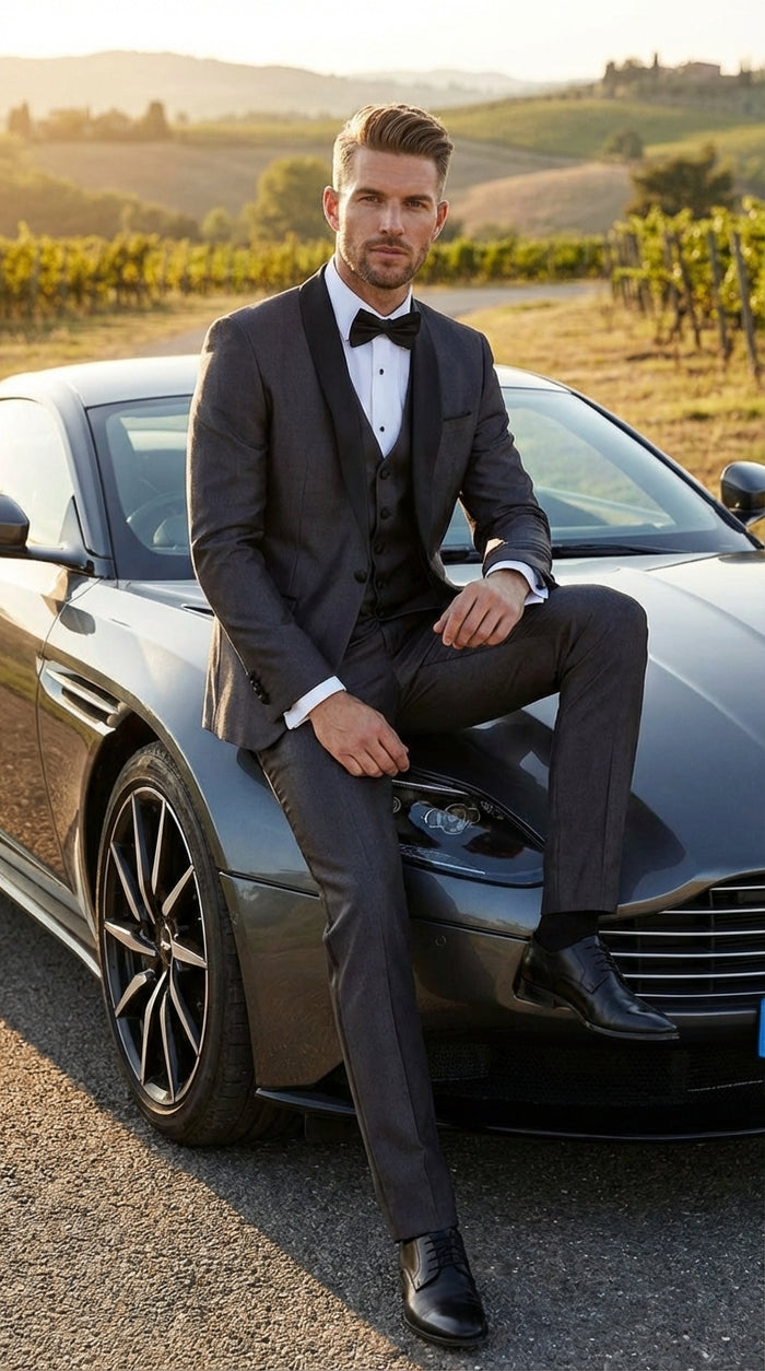 Mens Shiny Sateen Charcoal Gray Tuxedo 3 Piece Suit with Black Shawl Lapel | Formal Wedding Prom Suit Sharkskin