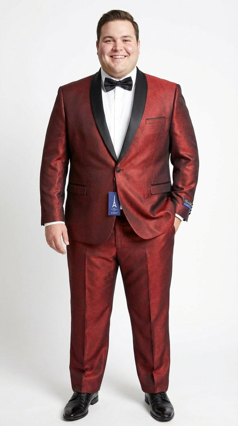 Mens Shiny Burgundy Satin Tuxedo Jacket with Black Shawl Lapel | Formal Wedding & Prom Blazer - Sharkskin Fabric