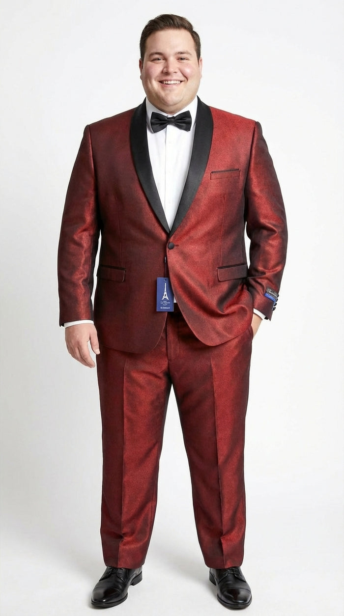 Mens Shiny Burgundy Satin Tuxedo Jacket with Black Shawl Lapel | Formal Wedding & Prom Blazer - Sharkskin Fabric