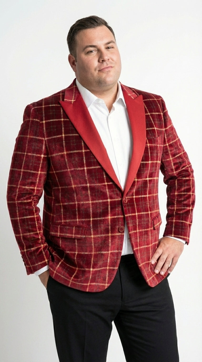 Mens Red Burgundy Plaid Blazer with Contrast Lapel – Velvet Fabric Check Prom Blazer Jacket for Party, Christmas New Year Holiday Jacket