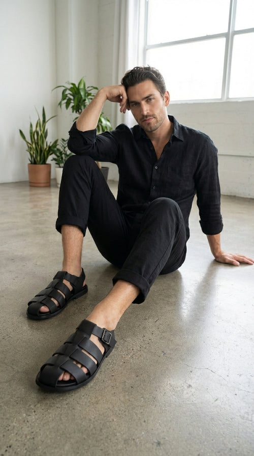 Mens Black Leather Sandals – Buckle Strap Casual Summer Shoes Breathable Open Toe Comfort Footwear