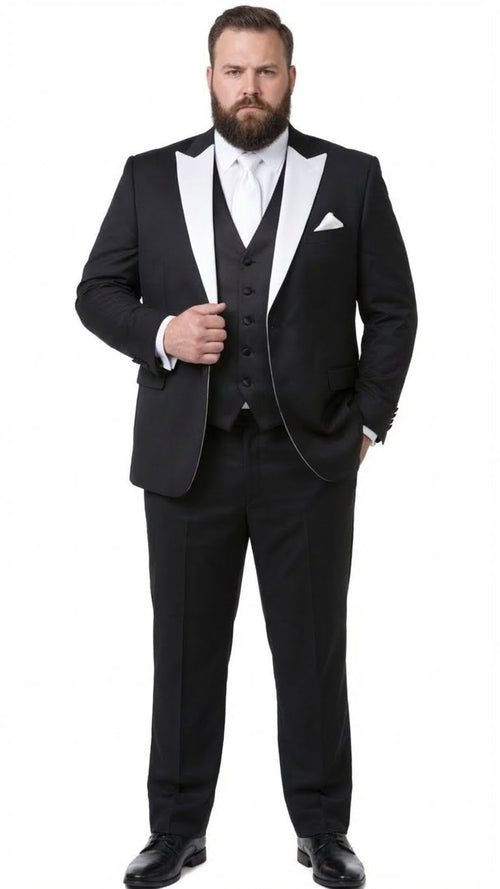Classic men's prom tuxedo: black jacket w/ white lapels, black vest & trousers. Includes white shirt & pocket square. Formal, tailored fit with button vest closures.
