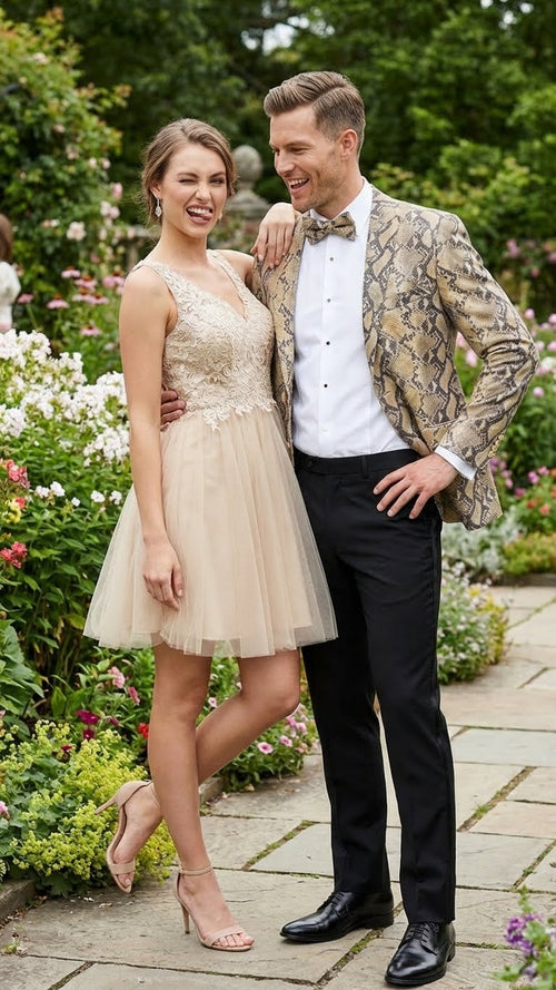 Alberto Nardoni men's beige & black snakeskin blazer. Fitted silhouette, structured collar, and lapels. Paired with black trousers, emphasizing the unique pattern and design.
