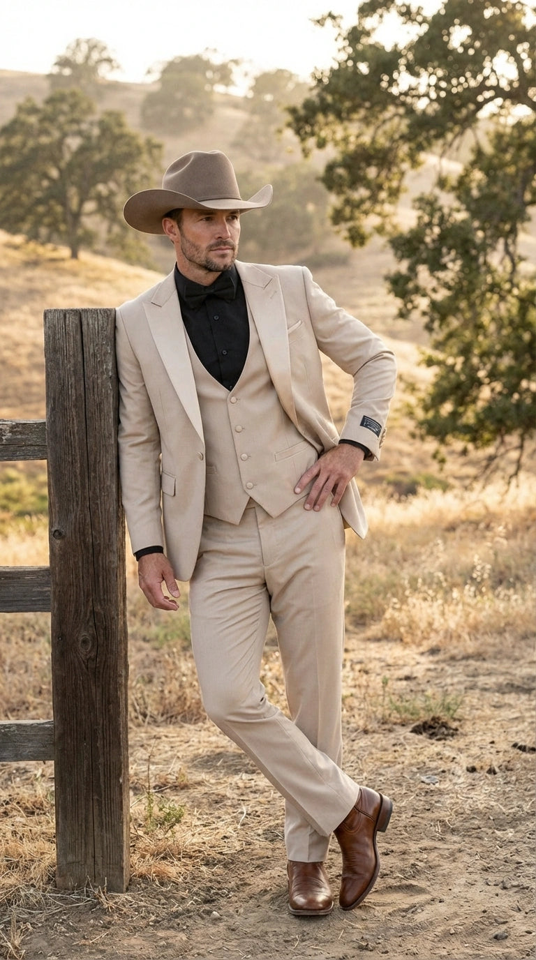 Men’s Tan Cowboy Suit – Western Formal Two Piece Suit for Weddings,  Champaign Sand Color