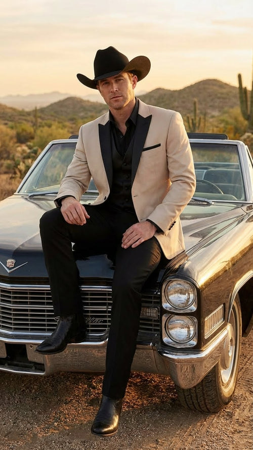 Men's Light Tan and Black Lapel Western Tuxedo Suit Set Wedding Party Cowboy Dress Tuxedo Black Pants