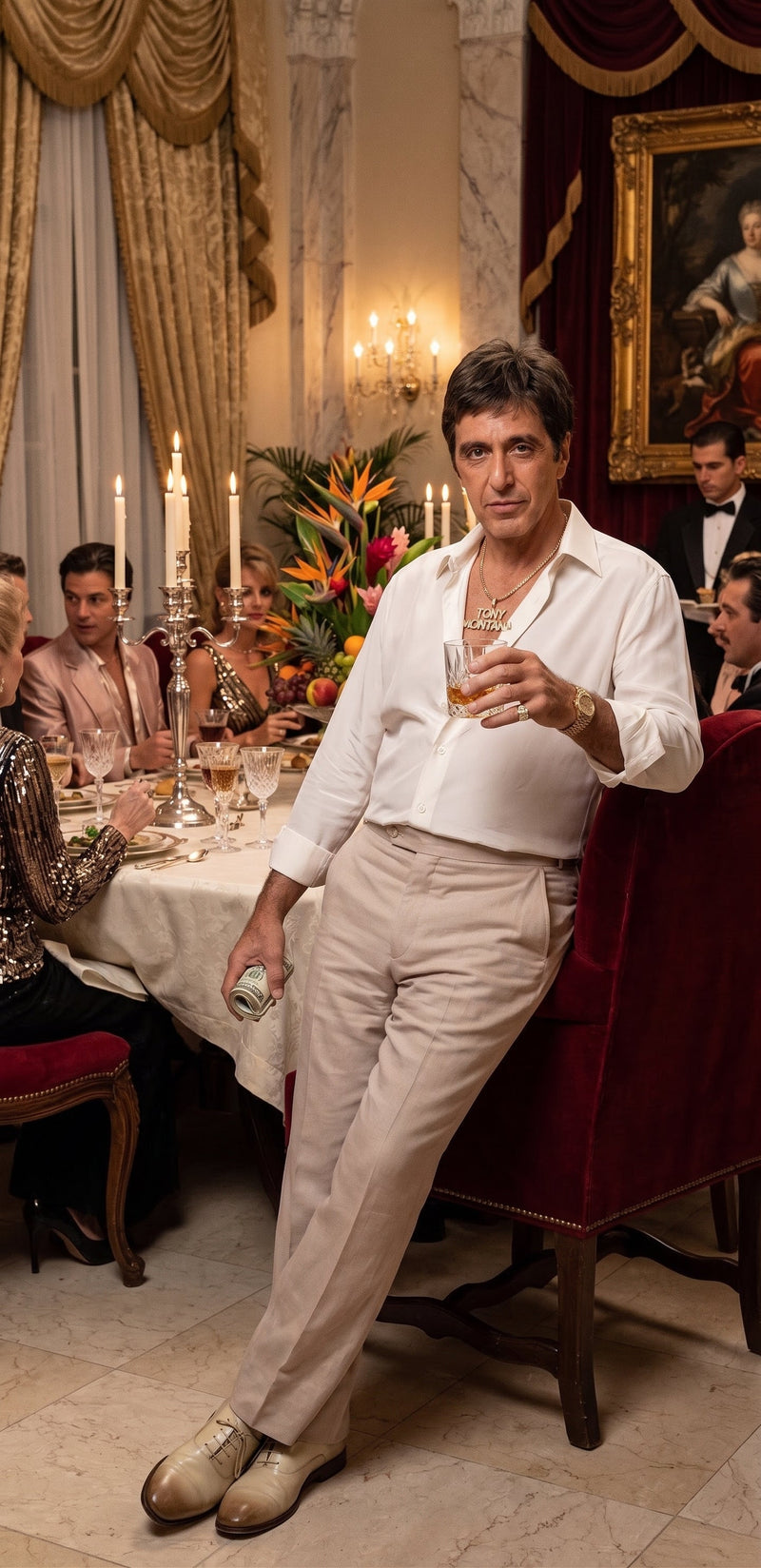 Tony Montana’s White Linen Shirt and Tan Pants – Men’s White Formal Shirt with Tan Trousers for Party, Wedding and Vintage Style Outfit