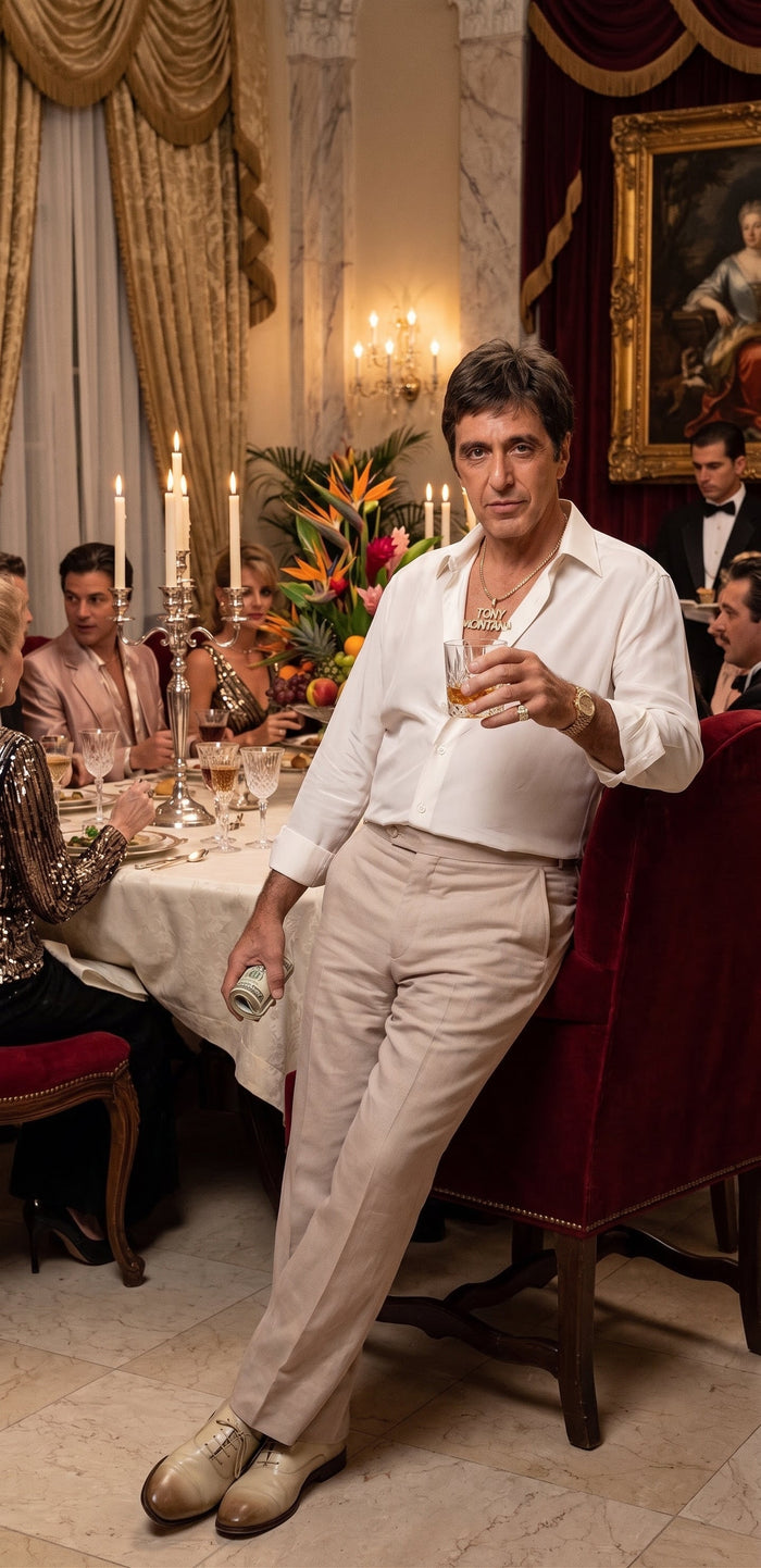 Tony Montana’s White Linen Shirt and Tan Pants – Men’s White Formal Shirt with Tan Trousers for Party, Wedding and Vintage Style Outfit