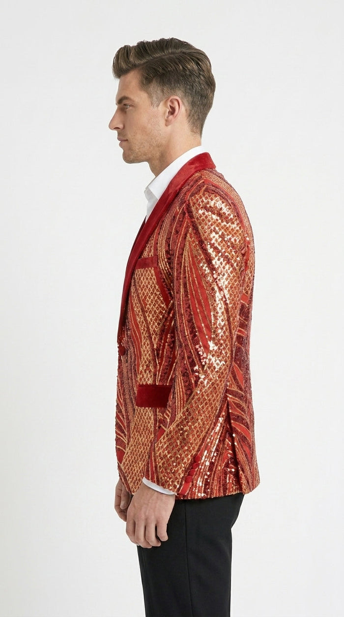 Men’s Red and Gold Sequin Christmas Holiday Blazer – Luxury Party Jacket for New Year, Wedding and Festive Events