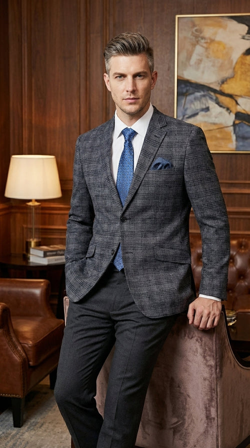 Mens Charcoal Gray with Blue Plaid Pattern Blazer Jacket – Classic Check Pattern Sport Coat for Business, Office, and Smart Casual Wear
