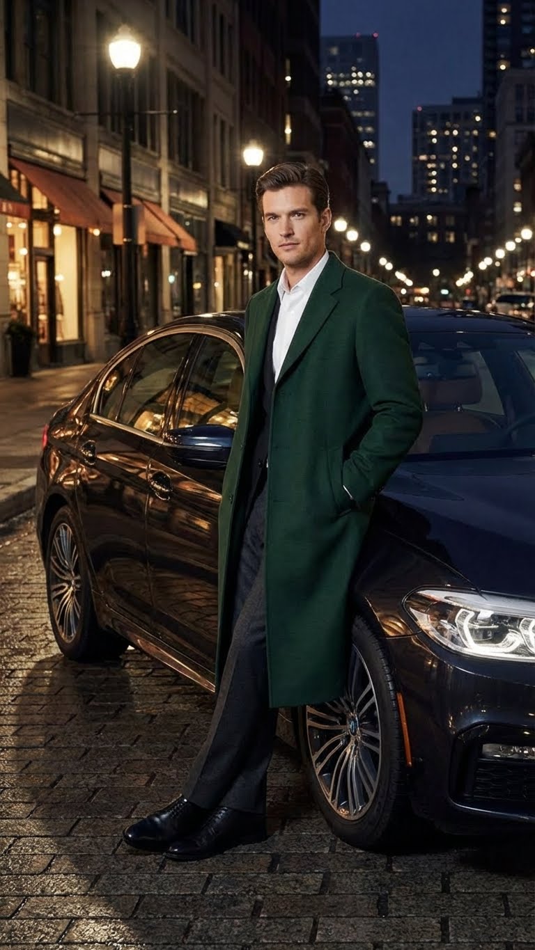 Hunter green men's overcoat. Tailored fit, straight silhouette, notch lapels, mid-thigh length. Textured wool. Long sleeves, single-breasted closure.
