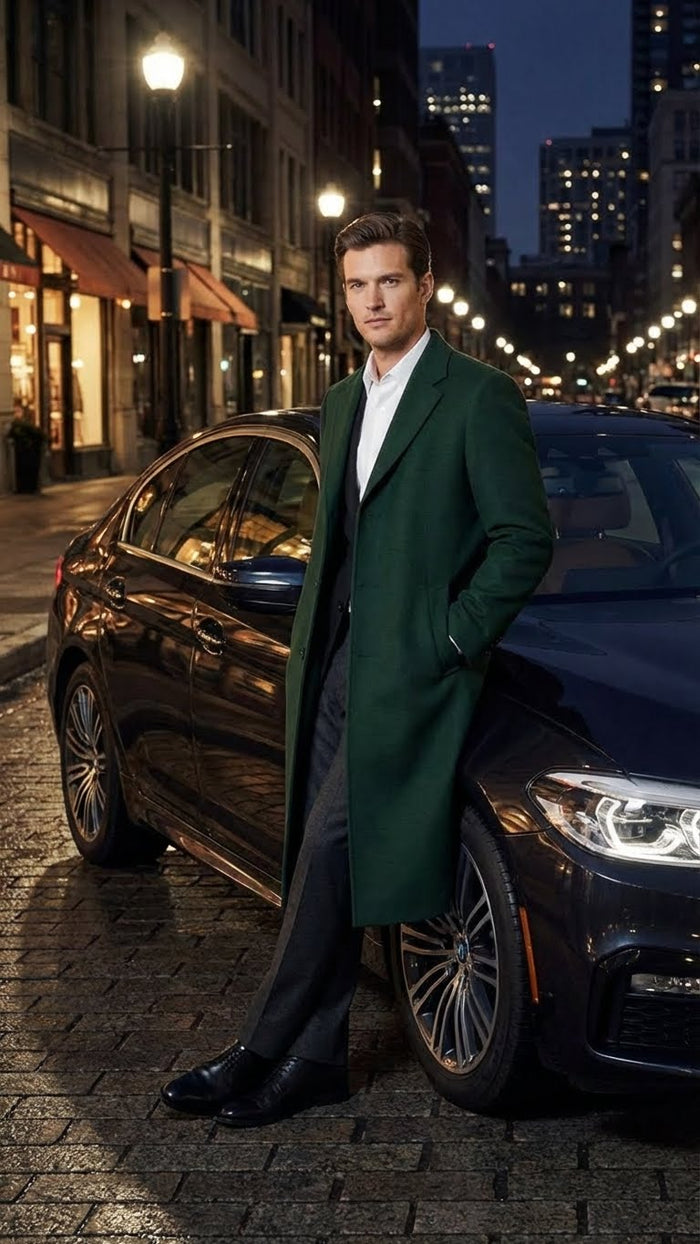 Hunter green men's overcoat. Tailored fit, straight silhouette, notch lapels, mid-thigh length. Textured wool. Long sleeves, single-breasted closure.
