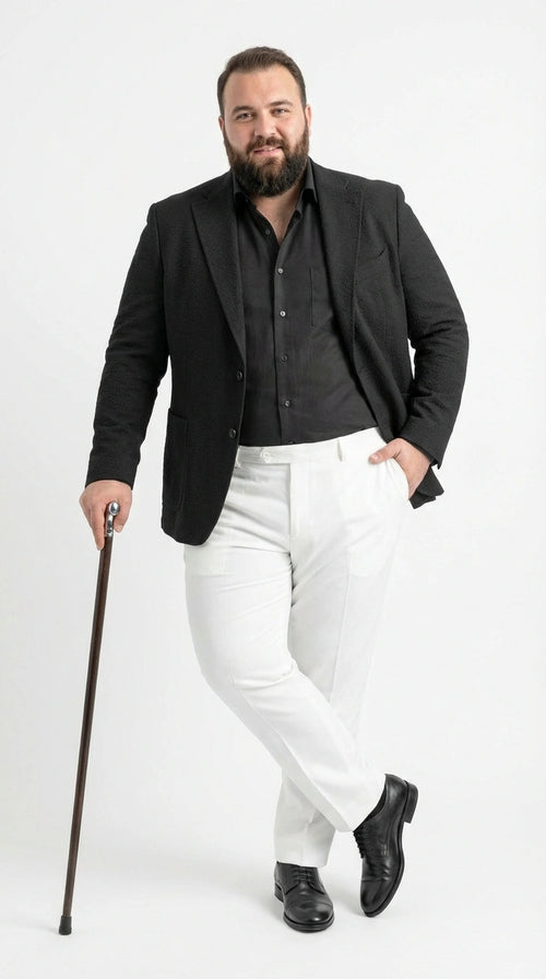 Men’s Black Seersucker Blazer – Textured Two-Button Notch Lapel Formal & Summer Sport Jacket in Black Tone-on-Tone Cotton Fabric