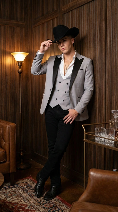 Men’s Light Gray Cowboy Tuxedo with Black Satin Lapel – Western Formal Suit with Double Breasted Vest