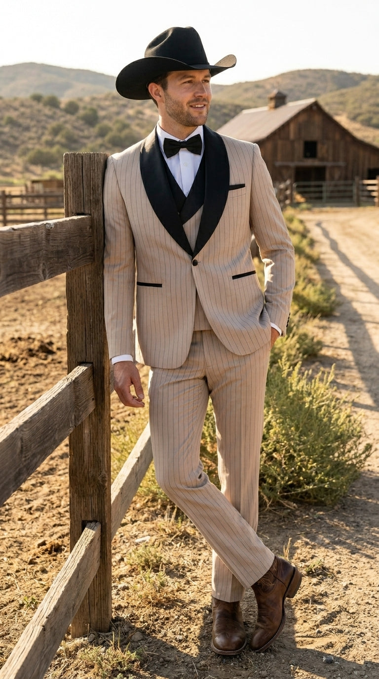 Men’s Beige Pinstripe Western 3 Piece Tuxedo Suit with Black Shawl Lapel, Formal Cowboy Wedding Prom Suit in Tan Khaki Color