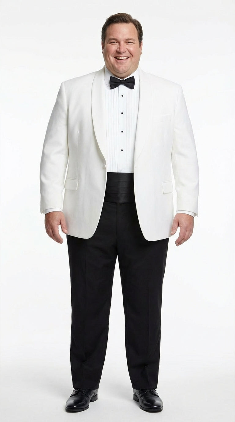 Men's White Dinner Jacket Tuxedo Blazer with Black Satin Shawl Lapel  With Black Tuxedo Pants