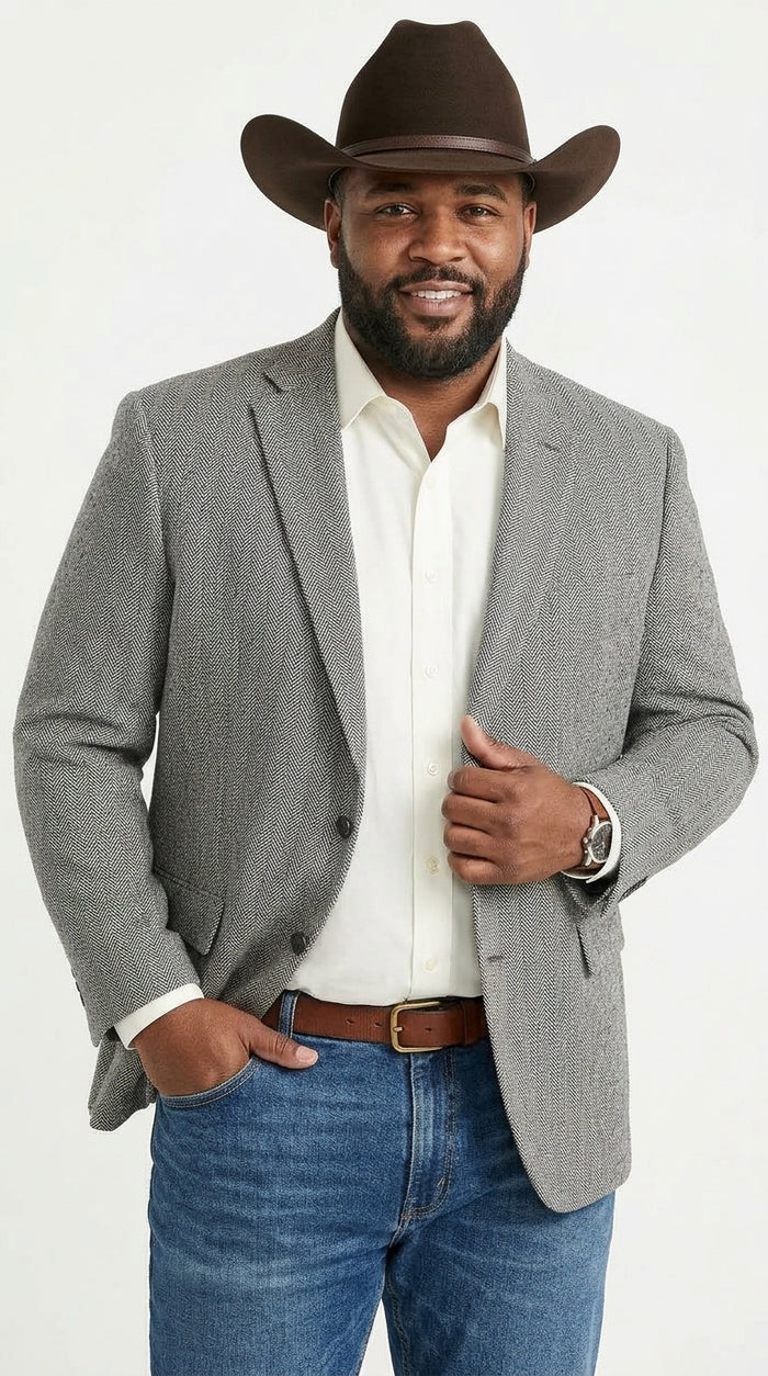 Men’s Light Grey & Black Herringbone Western Blazer – Cowboy Sport Coat Jacket