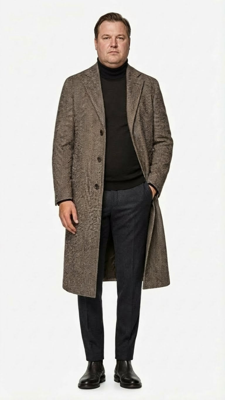 Men's overcoat in black-grey herringbone tweed wool blend. Long, straight cut with two front buttons and side pockets. Textured pattern, back vent for movement.
