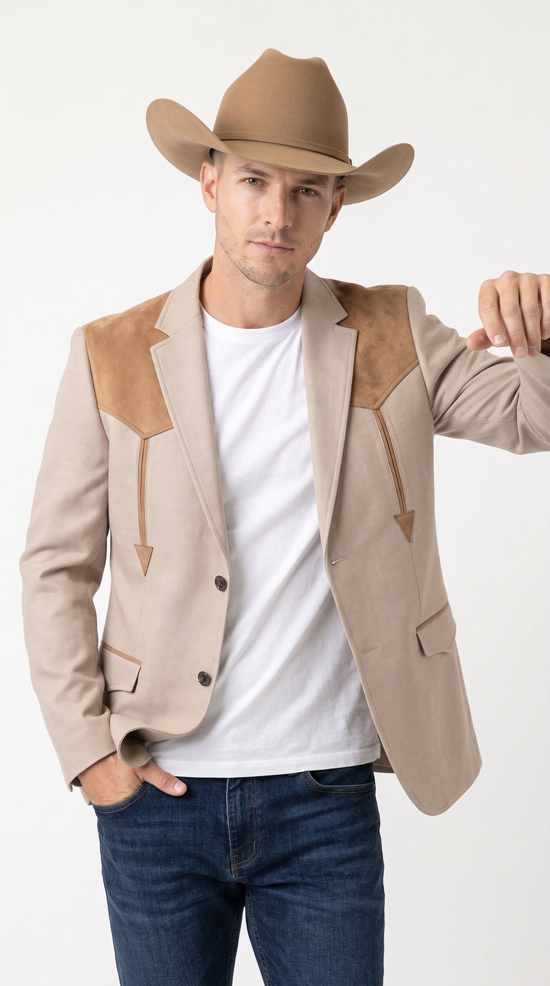 Men’s Khaki Western Blazer – Cowboy Sport Coat with Suede Yoke Detail