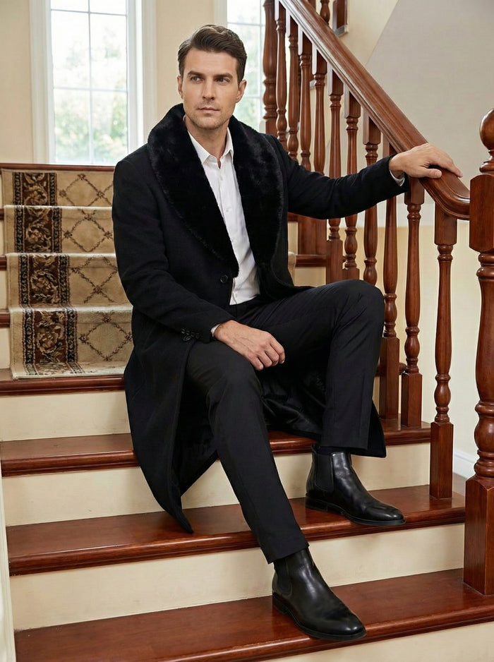 Mens Black Long Overcoat with Faux Fur Collar, Full Length Winter Topcoat for Formal and Business Wear