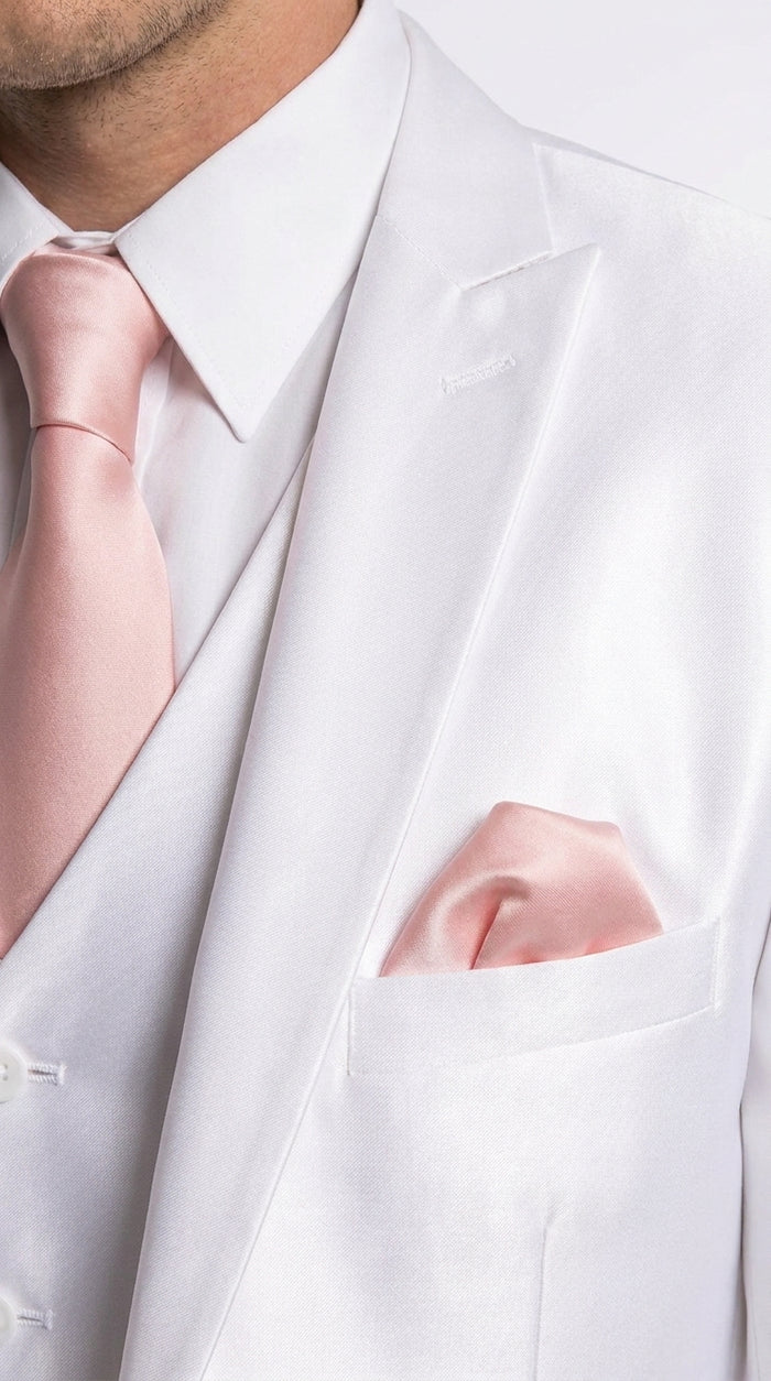 Men’s Shiny White Sateen 3 Piece Suit – Wedding Prom Formal Suit with Vest
