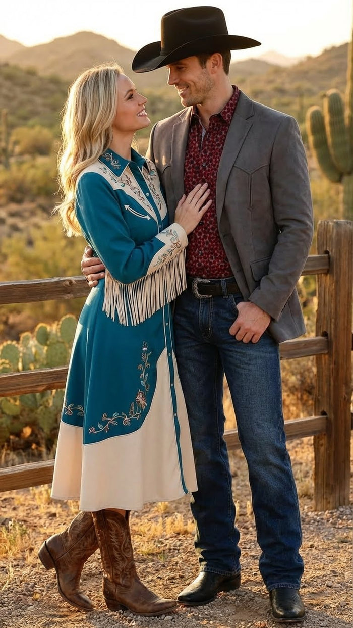 Men’s brown western faux suede blazer features a fitted shape with a single-breasted front, notch lapels, and two front pockets, made from a soft, brown faux suede material.