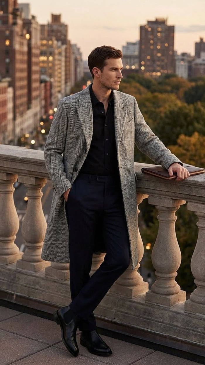 Alberto Nardoni men's grey herringbone overcoat. Tailored fit, long length, notched lapel, two front pockets. Wool-blend, fully lined for structure. Soft and durable appearance.

