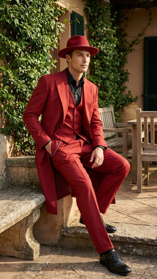 Alberto Nardoni's men's 1920s red zoot suit: tailored jacket, loose trousers, matching fedora. Vivid red color, wide lapels. Worn with black shirt, silver chain. Classic style.