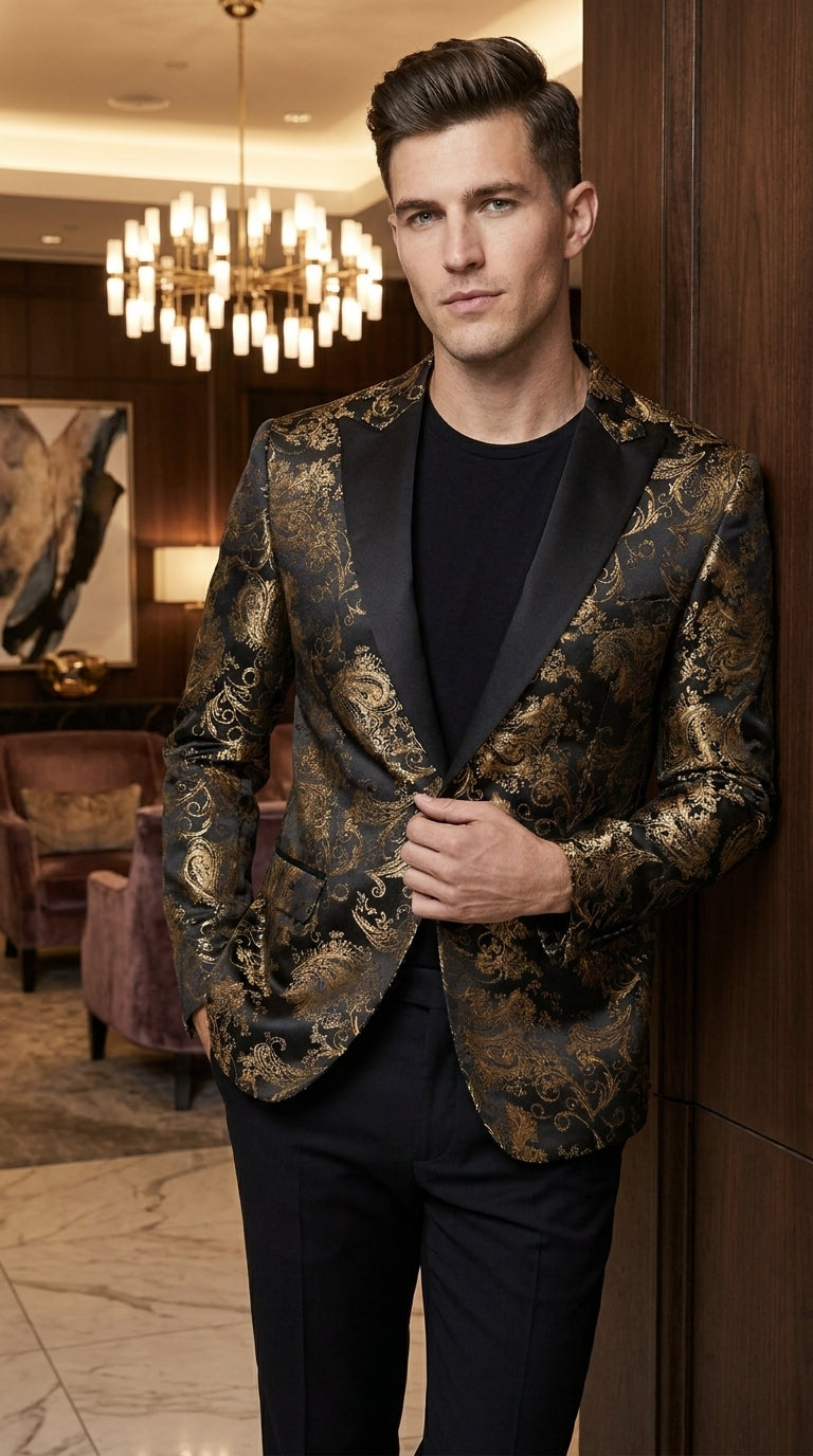 Men’s Black & Gold Paisley Tuxedo Jacket – Luxury Floral Formal Dinner Blazer Black Pants