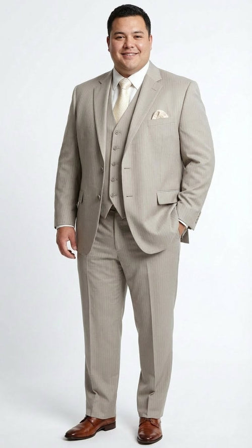 Light tan men's 3-piece suit with subtle pinstripes. Features a 3-button jacket, 5-button vest with adjustable back, and straight-leg pants with two side pockets. Structured fit.