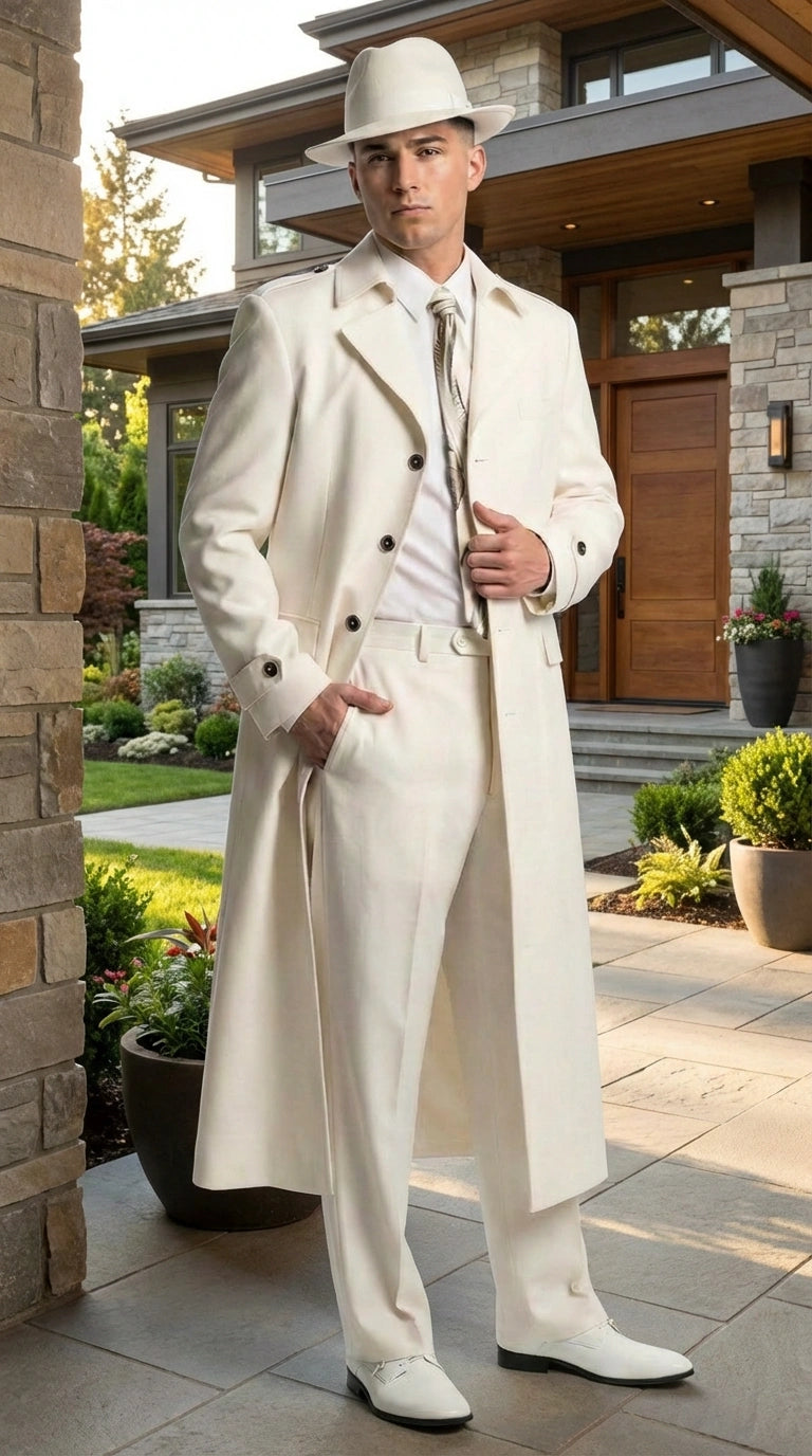 Men’s Ivory Cream Off White  Full Length Zoot Suit – Vintage Gangster Style Long Coat Formal Suit