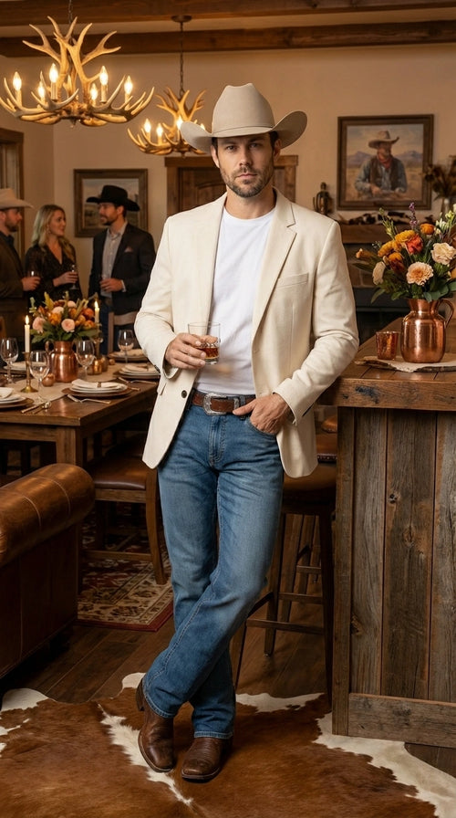 Men’s Off White Casual Blazer – Classic Western Style Lightweight Summer Cowboy Jacket Casual Ivory Cream Color