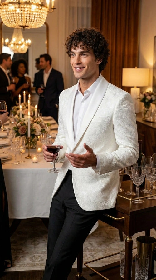 Men’s White Paisley Disco Blazer 1980s Style Jacket – Shawl Lapel Formal Party Blazer, Elegant Masquerade Club Wear, Stylish Evening Outfit