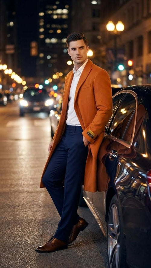 Men's rust orange wool blend overcoat. Tailored fit, straight lapels, single-button closure. Knee-length with contrasting lining. Smooth, warm fabric.
