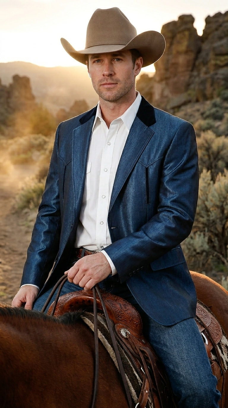 Men’s Sapphire Indigo Western Cowboy Blazer – Classic Western Style Jacket, Country Casual Dress Blazer in Navy Blue with sheen