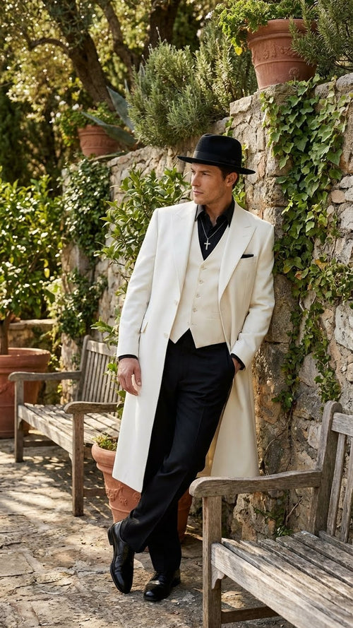 Mens White Long Zoot Suit Costume Set with Black Pants â€“ Wedding, Prom and Party Outfit 1920s - 1930s Gangster Style