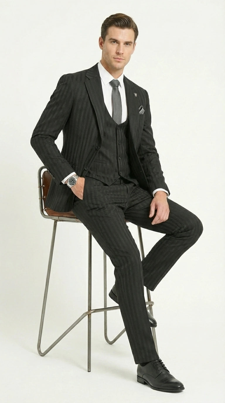 Men’s Black Pinstripe 3 Piece Suit – Vested Formal Business Suit for Wedding, Office, Prom and Party Wear