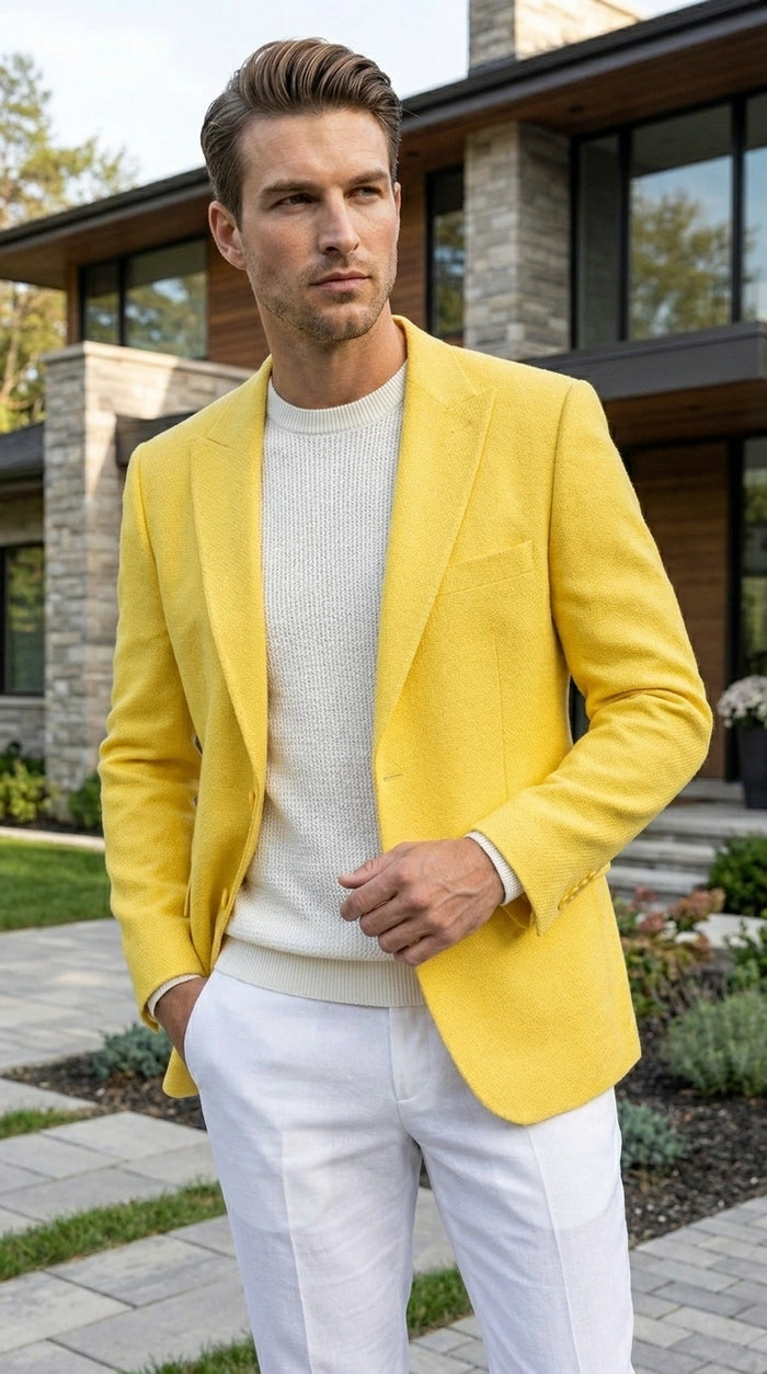 Zacci Brand Men’s Lemon Yellow Blazer Peak Lapel Hopsack Weave – Stylish Formal Blazer Jacket for Wedding, Party, Prom and Smart Casual Wear