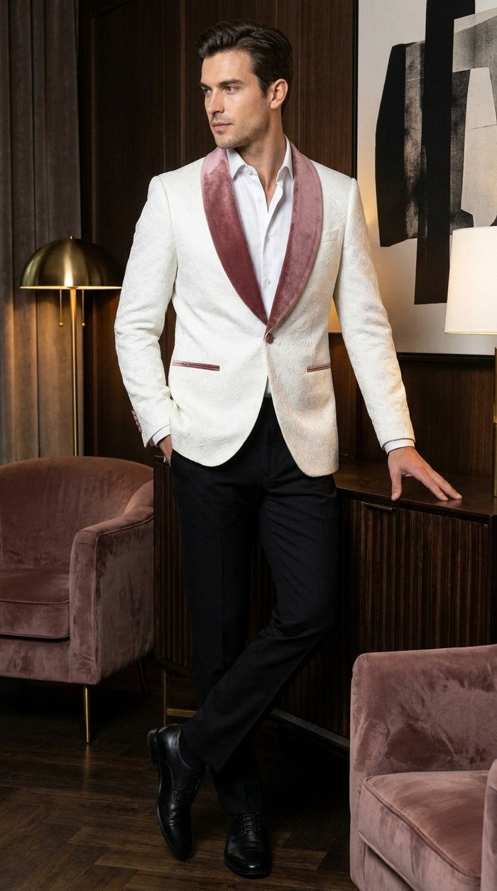 Men’s Ivory and Rose gold Floral Blazer – Elegant Shawl Lapel Formal Blazer Jacket for Wedding, Party, Prom