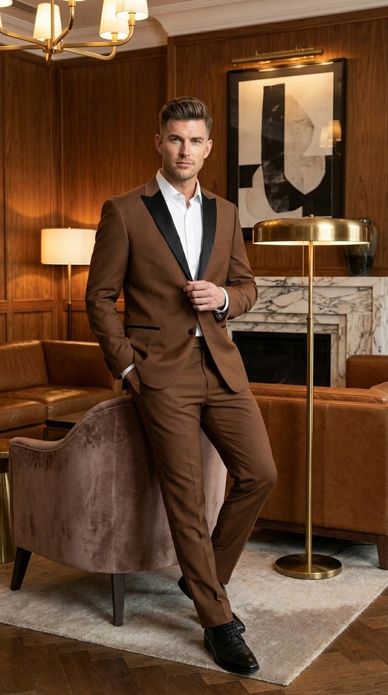 Men’s Light Brown Vested Piece Suit – Elegant Formal Suit with Contrast Lapel for Wedding, Party