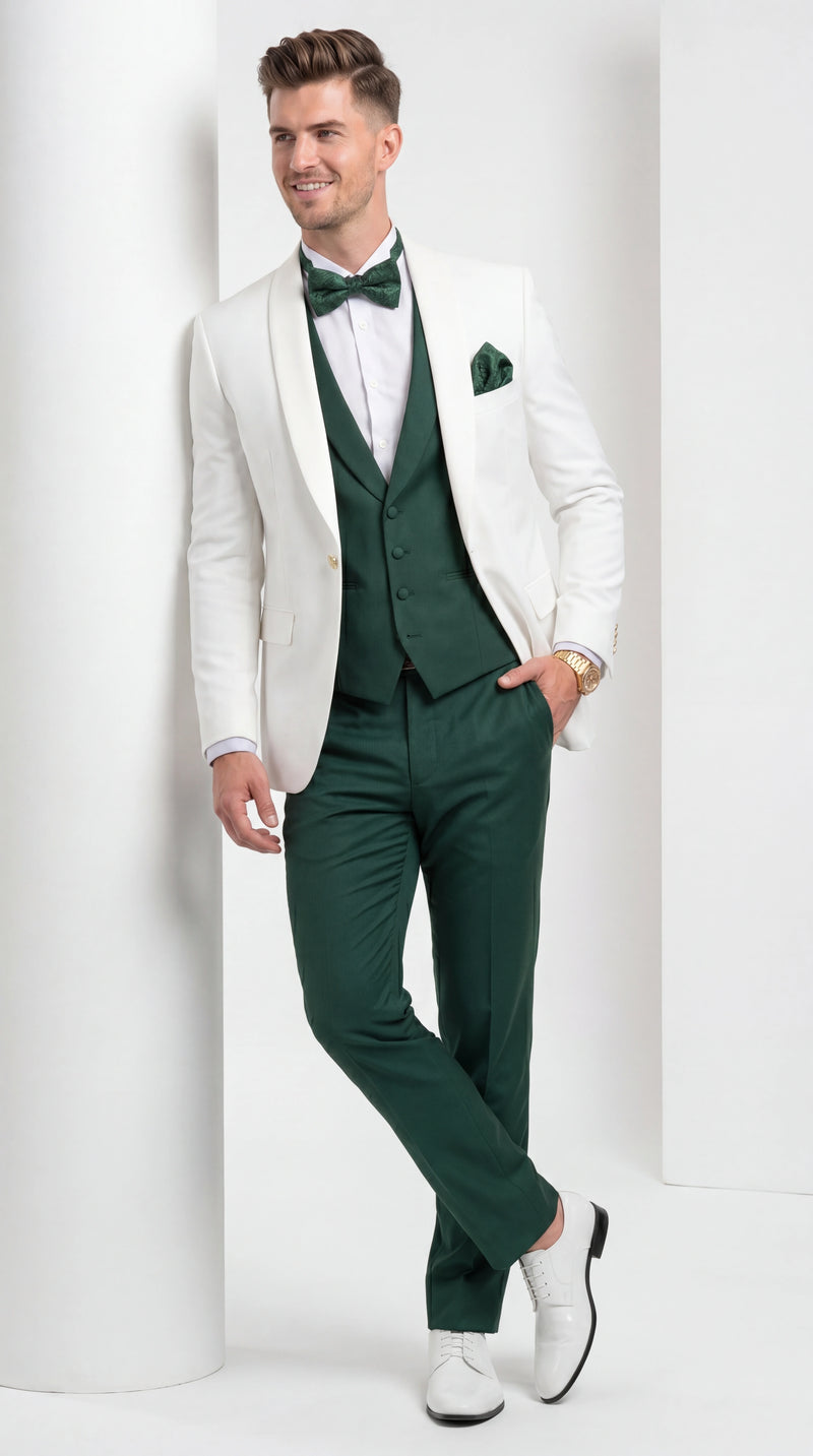 Men’s White and Hunter Green 3 Piece Suit – Elegant Formal Suit with Vest, Wedding Tuxedo Suit for Prom and Party Wear