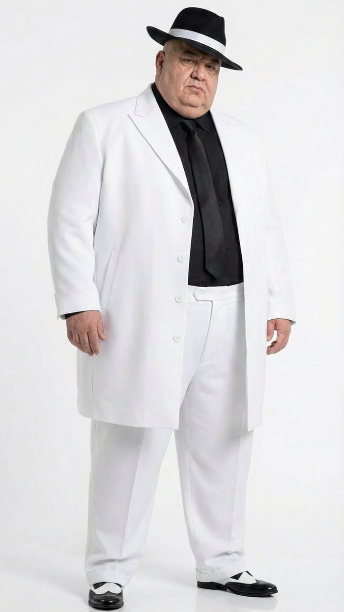 Men's white zoot suit features a long white jacket with a relaxed fit, a black tie, and matching white trousers. The outfit is complemented by black and white shoes.