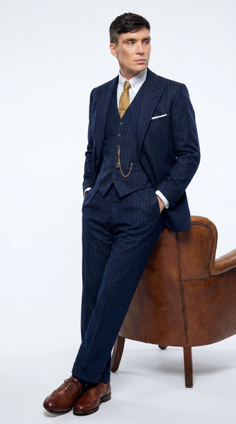 Men’s Navy Blue Pinstripe 3 Piece Suit, Thomas Shelby Inspired Vintage Formal Suit for Weddings, Parties, Prom, and Special Events