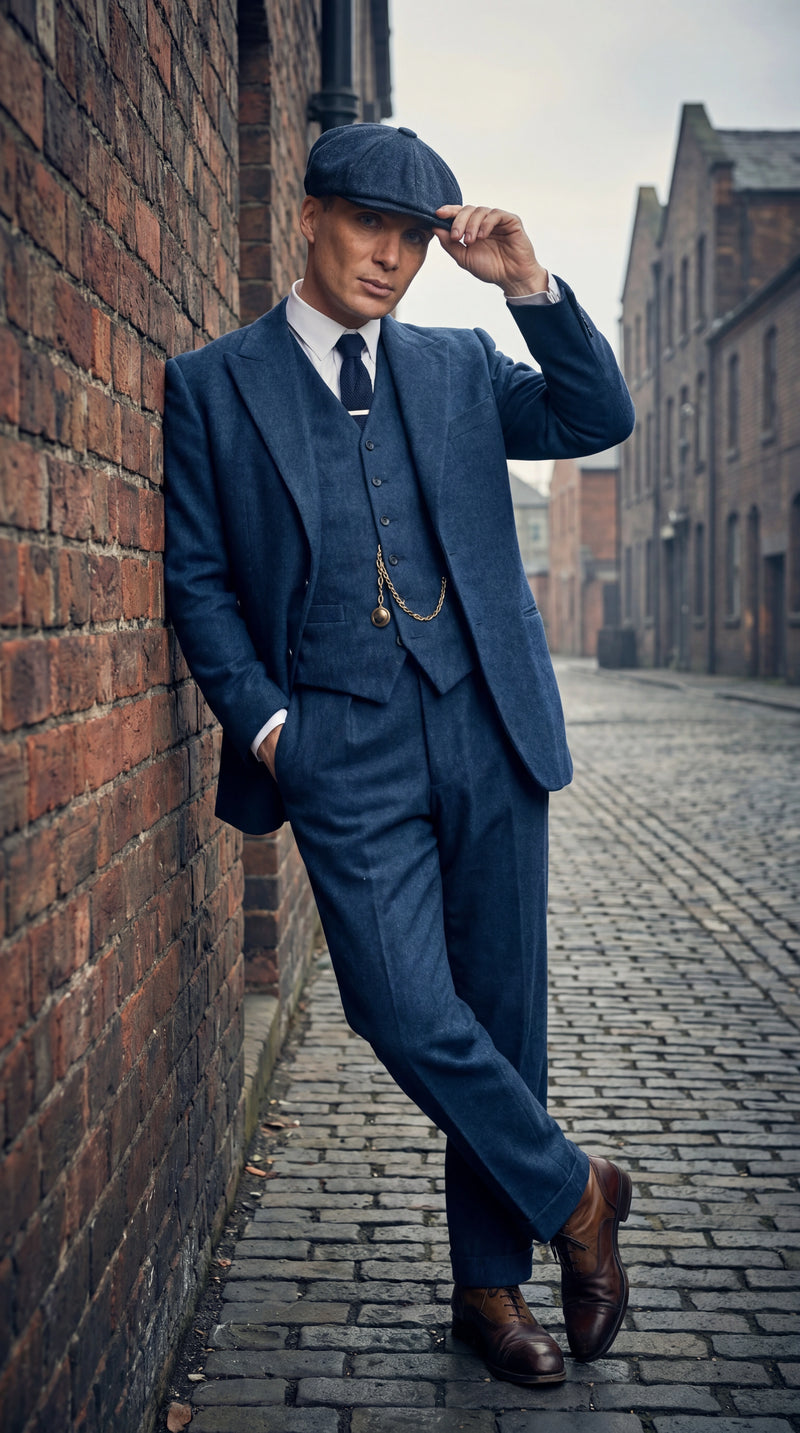 Men’s Blue 3 Piece Suit, Thomas Shelby Inspired Vintage Formal Suit Herringbone Tweed 1920s fabric