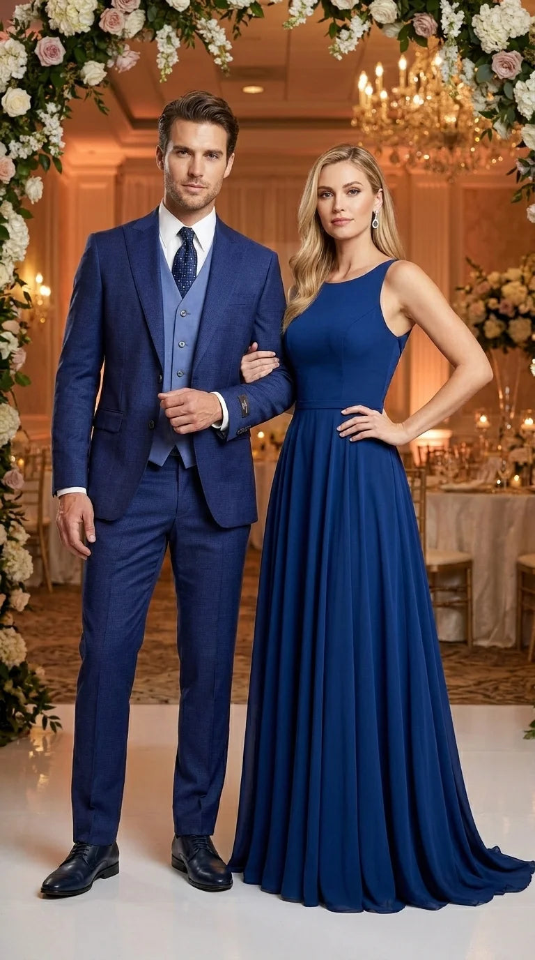 Vitalli Men’s Navy Blue 3 Piece Suit with Light Blue Vest, Textured Formal Dress Suit for Weddings, Prom, Business Events, and Parties