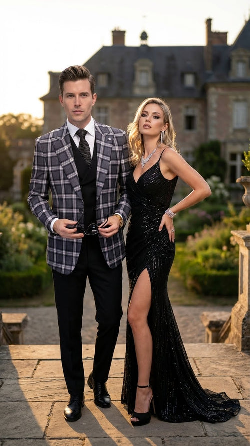 Alberto Nardoni men's big & tall blazer. Charcoal gray & black plaid, single-breasted with notched lapels. Structured fit, two front pockets, long sleeves. Woven fabric for a tailored look.
