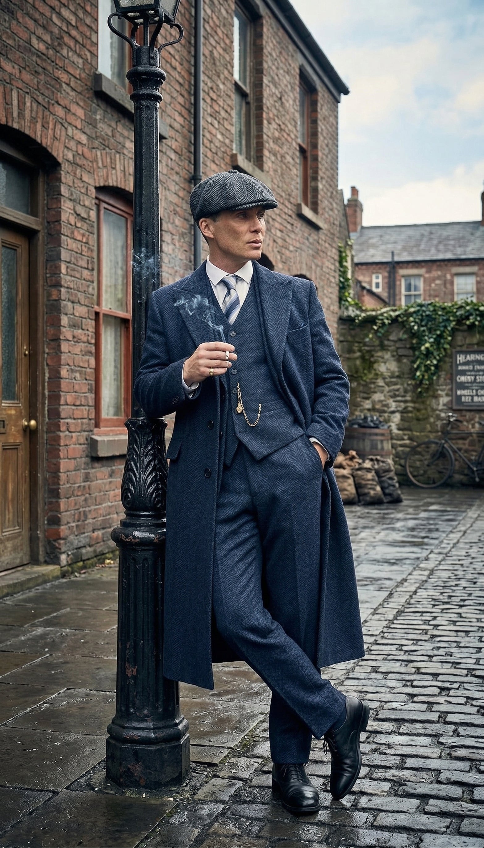 Men’s Navy Blue Herringbone Tweed  1920s 3 Piece Suit with Overcoat – Vintage Peaky Blinder Style Formal Suit Set with Blazer, Waistcoat + Overcoat + Hat