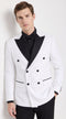 Men's White Double Breasted Tuxedo Dinner Jacket with Black Satin Peak Lapel – Formal Wedding Prom Blazer
