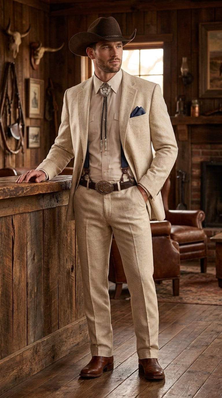 Men’s Natural Sand Linen Western Suit – Cowboy Wedding Jacket & Pants Linen Suit