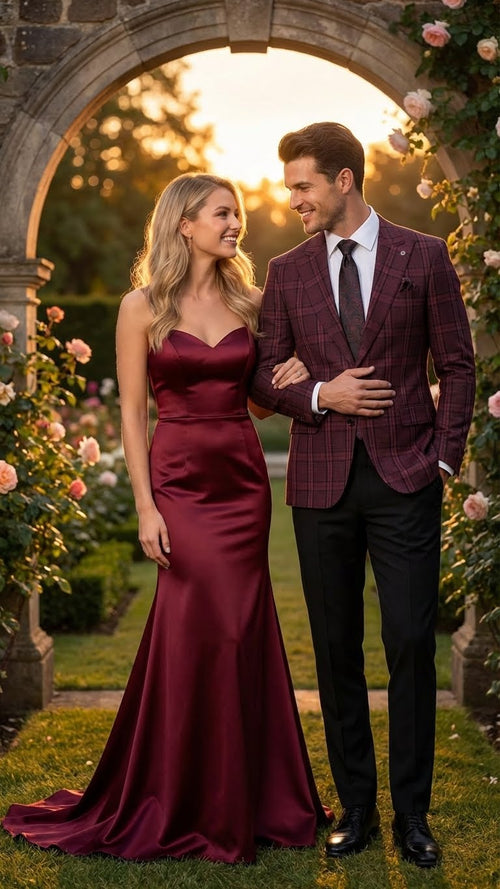 Alberto Nardoni men's burgundy check blazer. Double-breasted, tailored fit, notch lapels. Burgundy check pattern, two front pockets, single back vent. Fully lined.
