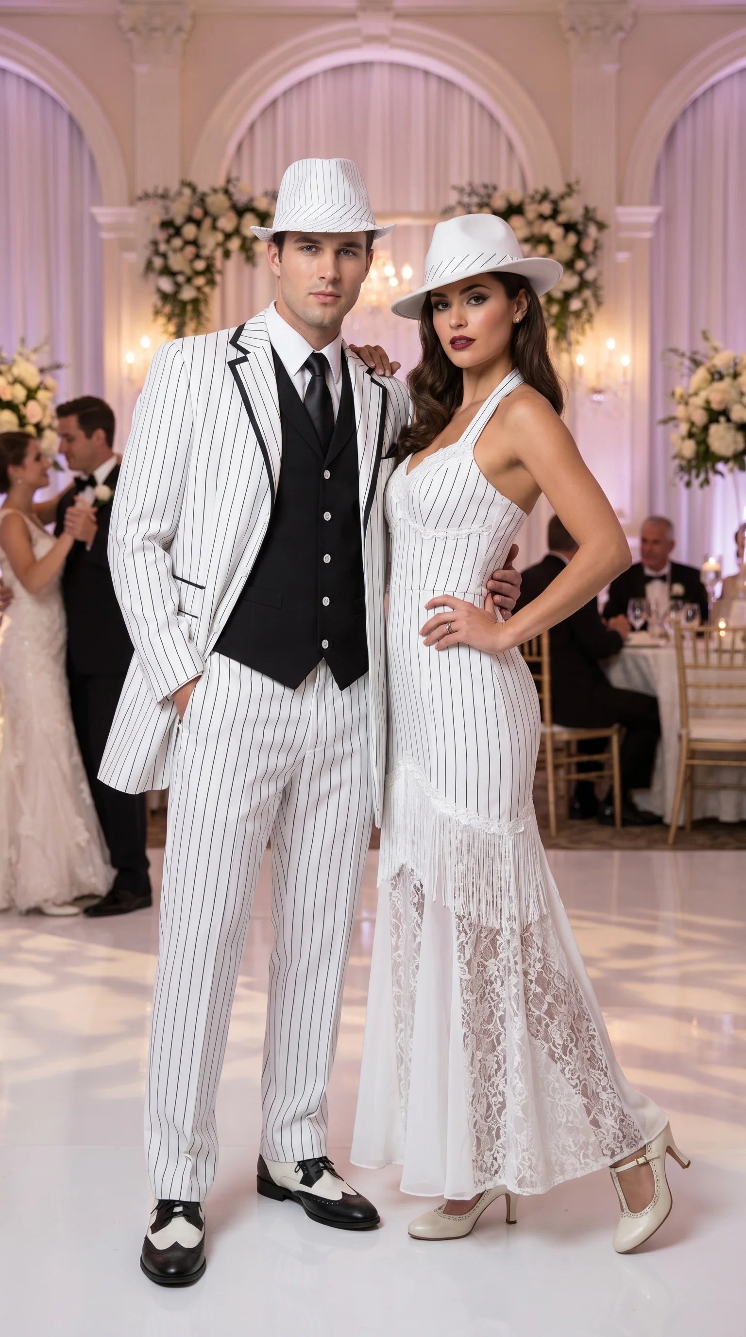 Men’s White Pinstripe 1920s Gangster 3 Piece Suit, Black Contrast Formal Costume Suit for Parties, Prom, Weddings, and Theme Events